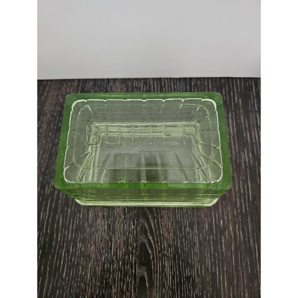 Vintage Optic Green Depression Uranium Glass Butter Dish w/ Lid - Block Pattern - Picture 1 of 12